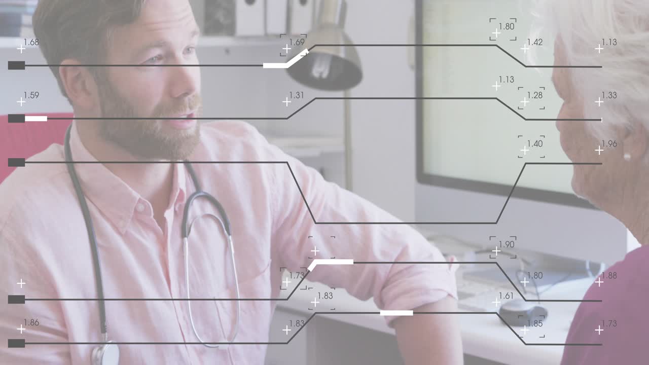 Doctor leaning and explaining results to senior, medical overlay showing numeric lines guiding care