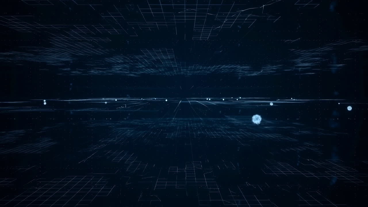 Dark Digital Horizon With Glowing Nodes, Lowlit Blue Grid And Subtle Particle Trails, Slow Horizontal Camera