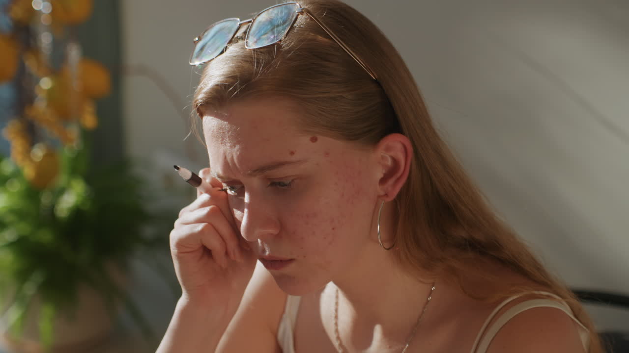 Young white woman holding pen near face, pensive expression and teary eyes, sunglasses perched on head, window light casting soft shadows, decision fatigue and anxious contemplation, closeup portrait