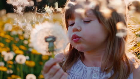 a young girl blowing dandelion seeds in a sunlit field