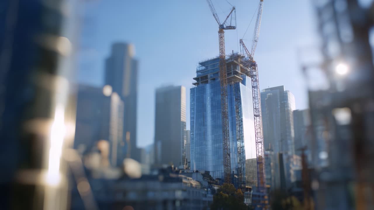 Construcción moderna de rascacielos con grúas en el horizonte de una ciudad bulliciosa, que muestra el desarrollo urbano y el progreso arquitectónico en un entorno vibrante.