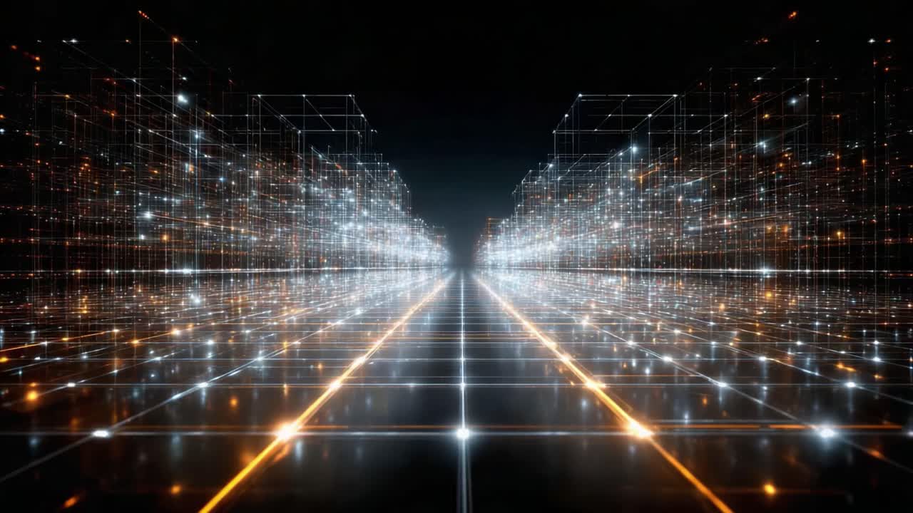 A Dynamic Journey Through an Infinite Digital Landscape: Exploring the Depths of Neon Grids and Radiant Lights in a Futuristic Environment