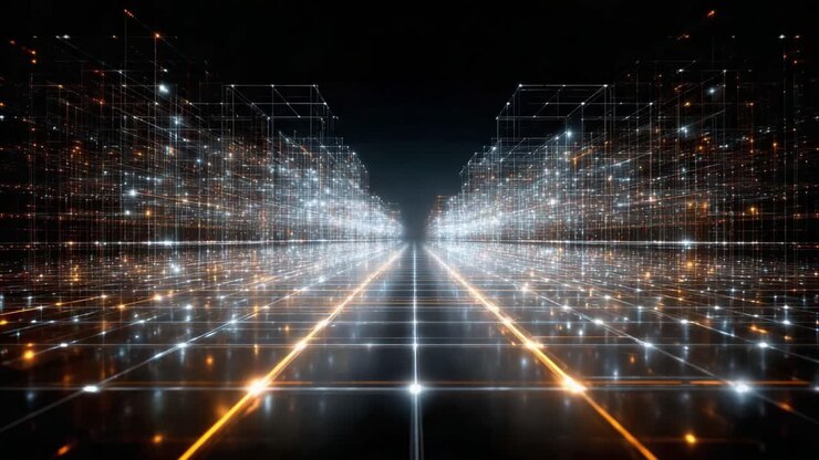A Dynamic Journey Through an Infinite Digital Landscape: Exploring the Depths of Neon Grids and Radiant Lights in a Futuristic Environment