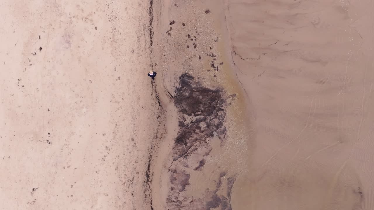 Aerial shot of woman walking along seaweed-strewn Baltic shore in winter