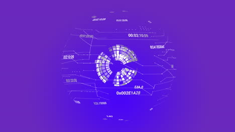 multiple changing numbers over spinning globe against gradient purple background