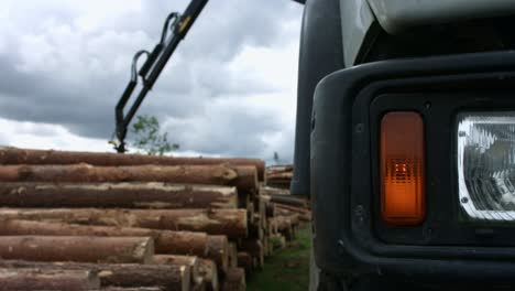 Modern-logger-working-in-sawmill.-Powerful-tree-logger-lifting-logs