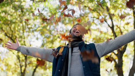 happy, leaves and a man in nature during autumn