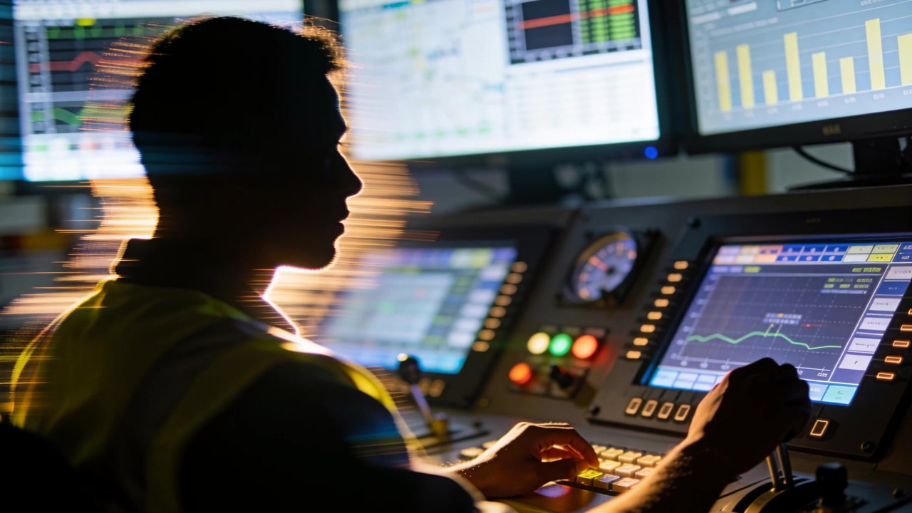 Osservando un operatore con un giubbotto ad alta visibilità che regola joystick e pulsanti mentre i grafici fluttuano nella sala di controllo.