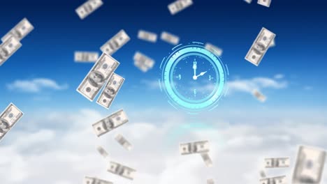 animation of moving clock and dollar bills falling over sky with clouds