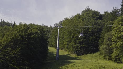 cable car slowly ascending through green forests on a summer day