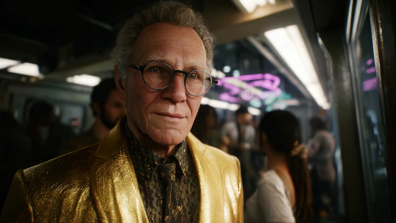 A Wise and Elegant Elderly Man in a Shiny Gold Jacket, Surrounded by People in a Vibrant Urban Setting, Capturing the Essence of Maturity, Style, and Community in a Bustling Environment