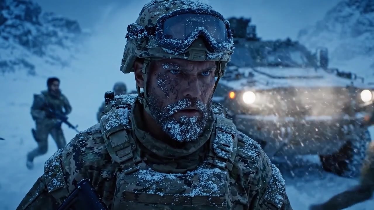 Unità militare artica impegnata in operazioni tattiche in un terreno estremamente innevato, dimostrando resilienza e determinazione in condizioni difficili.