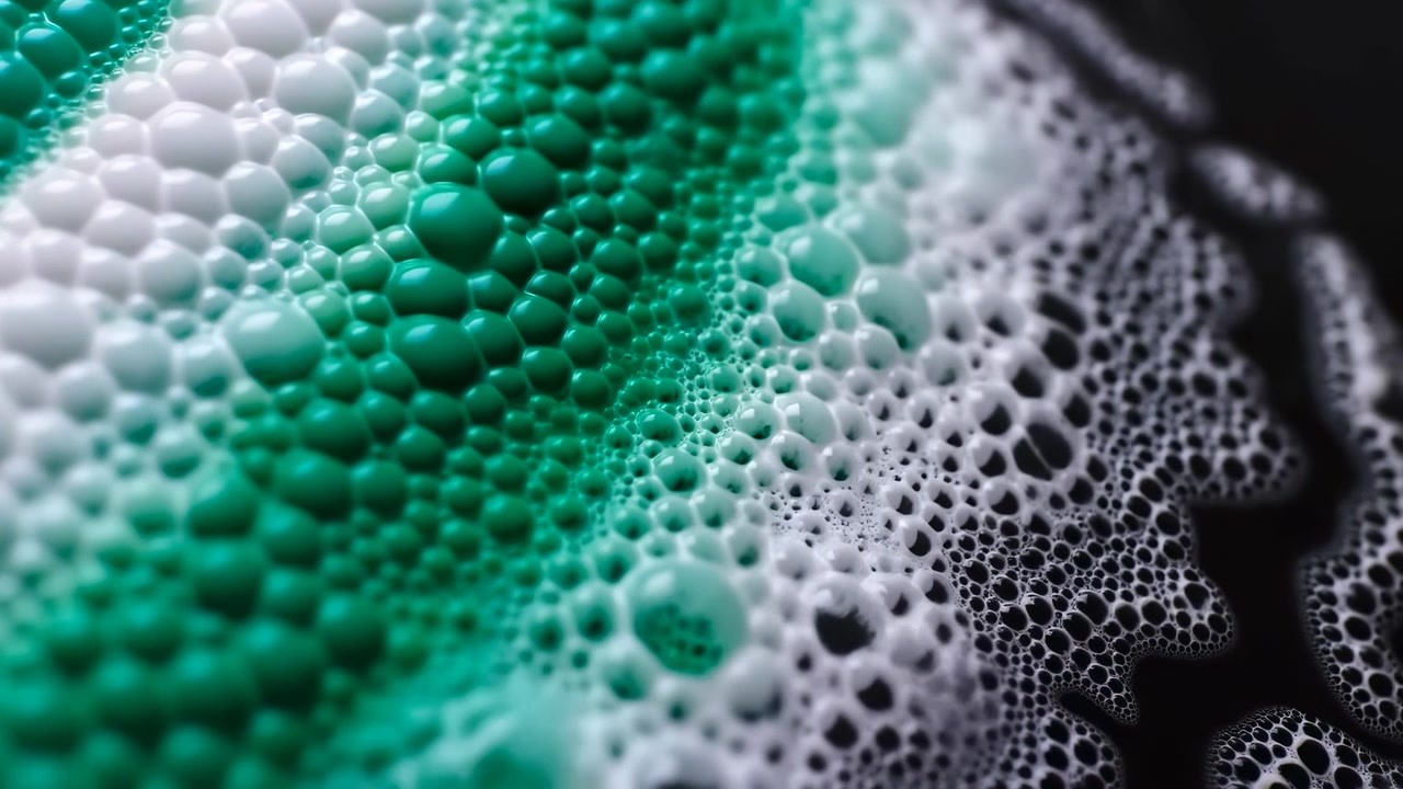 Primo piano macro di dense bolle di schiuma e spuma che si diffondono in diagonale su una superficie liquida, con schiuma verde brillante a sinistra e al centro, bianco tenue