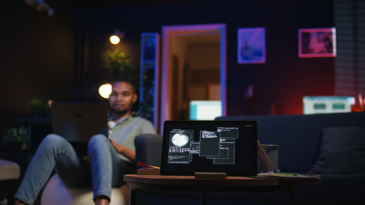 Vertical Video Black IT professional in loft working on cybersecurity with gadgets