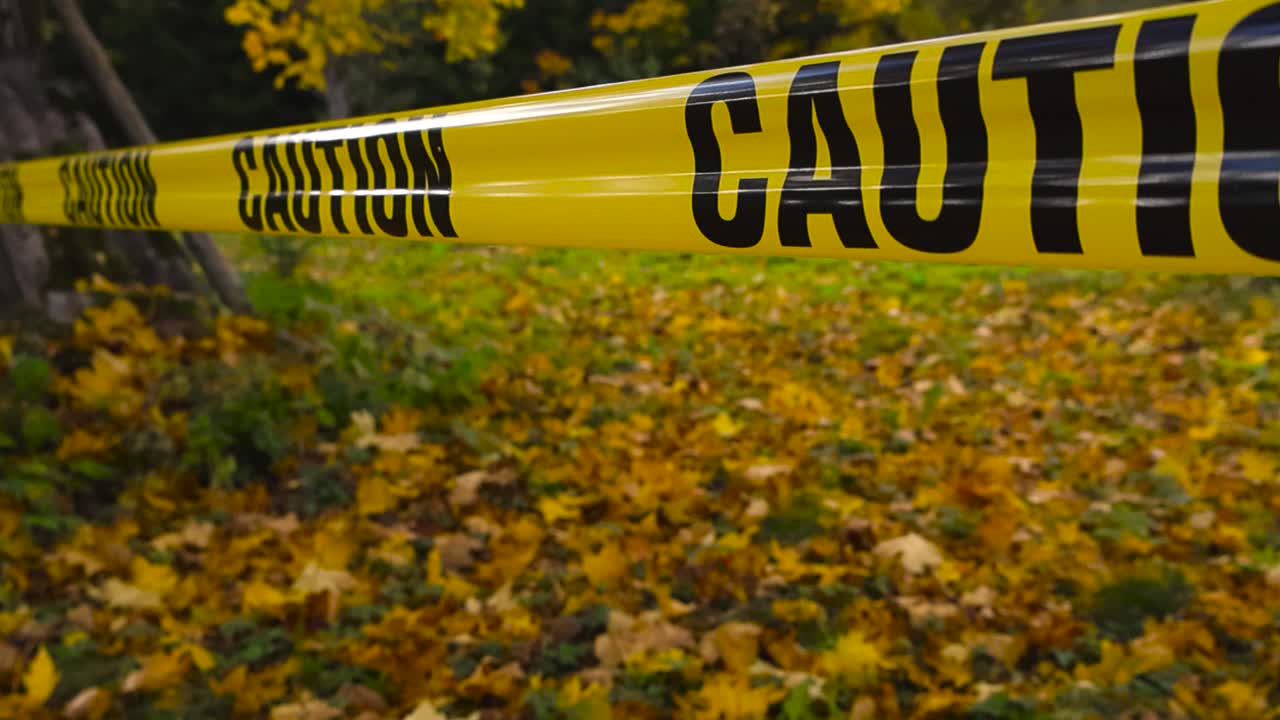 Close up view of a yellow colored danger or Caution tape ribbon in front of a autumn garden area where yellow maple leaves are on green grass during day. Background is bokeh blurry, shallow depth