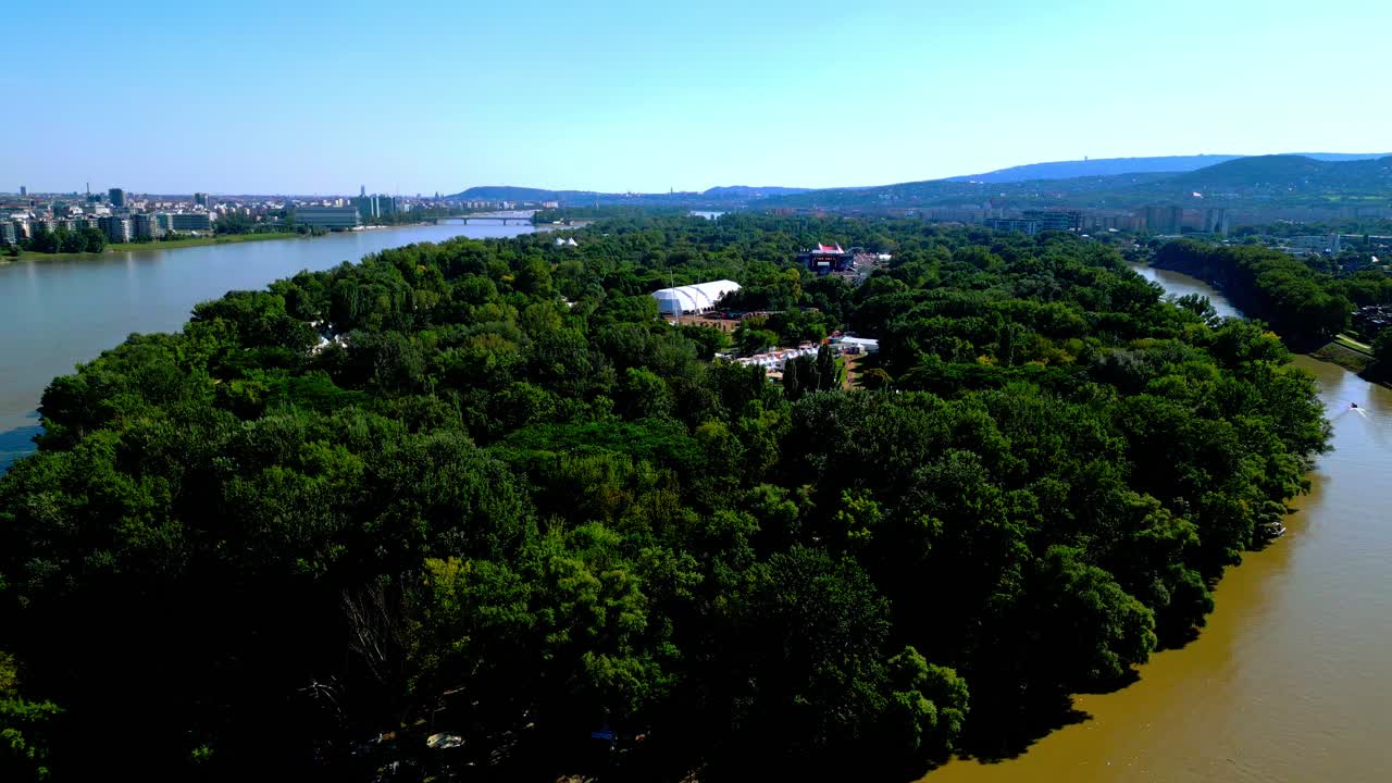Drone Shot Over &Oacute;buda Island, Location Of Sziget Festival In Budapest, Hungary