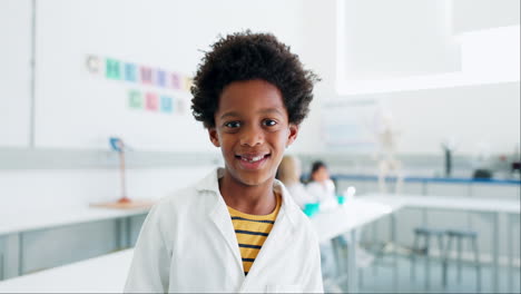 boy, face and kid scientist in class