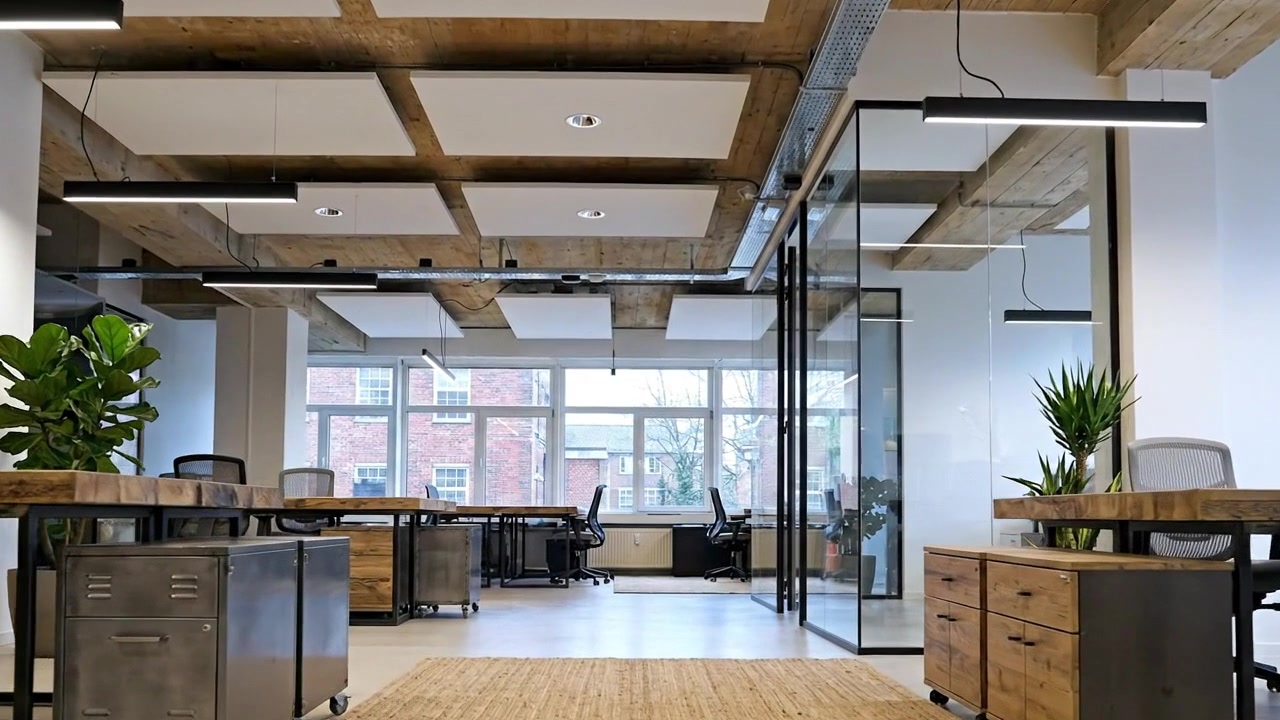Modern Open Plan Corporate Office Interior With Large Windows and City View