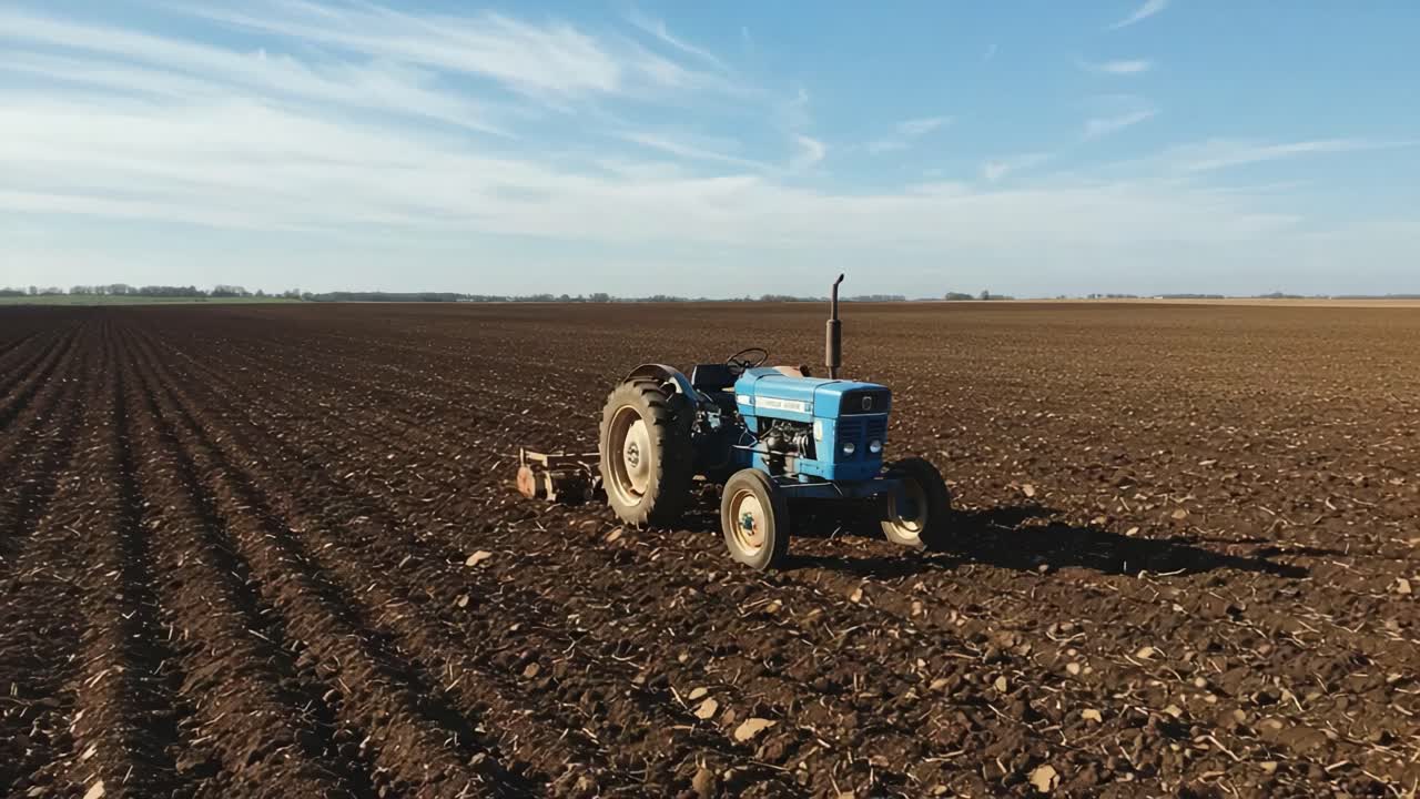 A Vintage Tractor Tilling the Soil in a Wide Open Field Under Clear Skies, Illustrating Agricultural Life and Farming Practices in a Rural Landscape