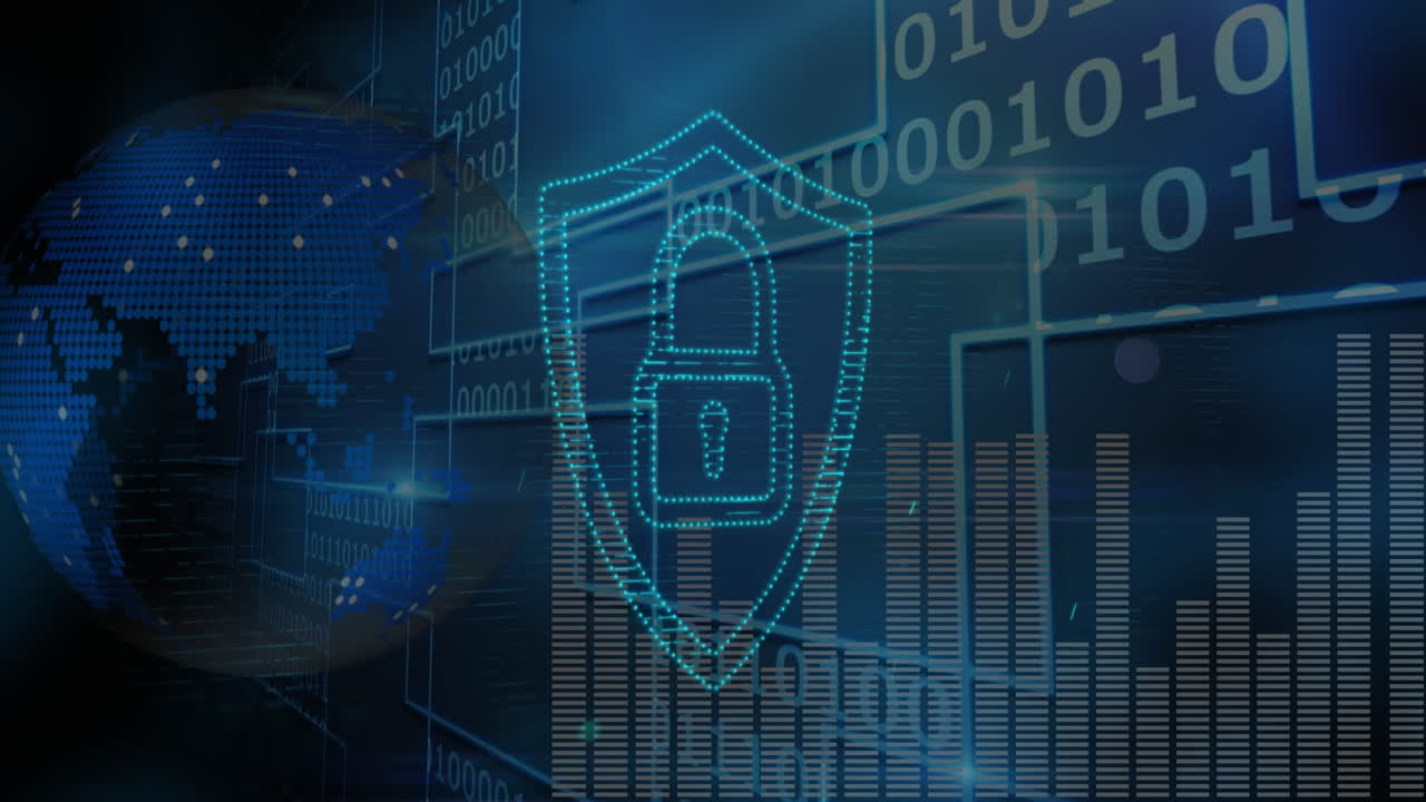 video digital del globo y codificación binaria con el logotipo de seguridad de la red informática