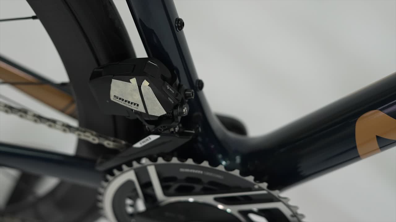 Close-up of SRAM front derailleur on a bicycle
