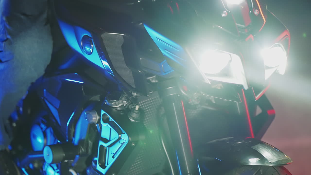 Close-up of a motorcycle at night