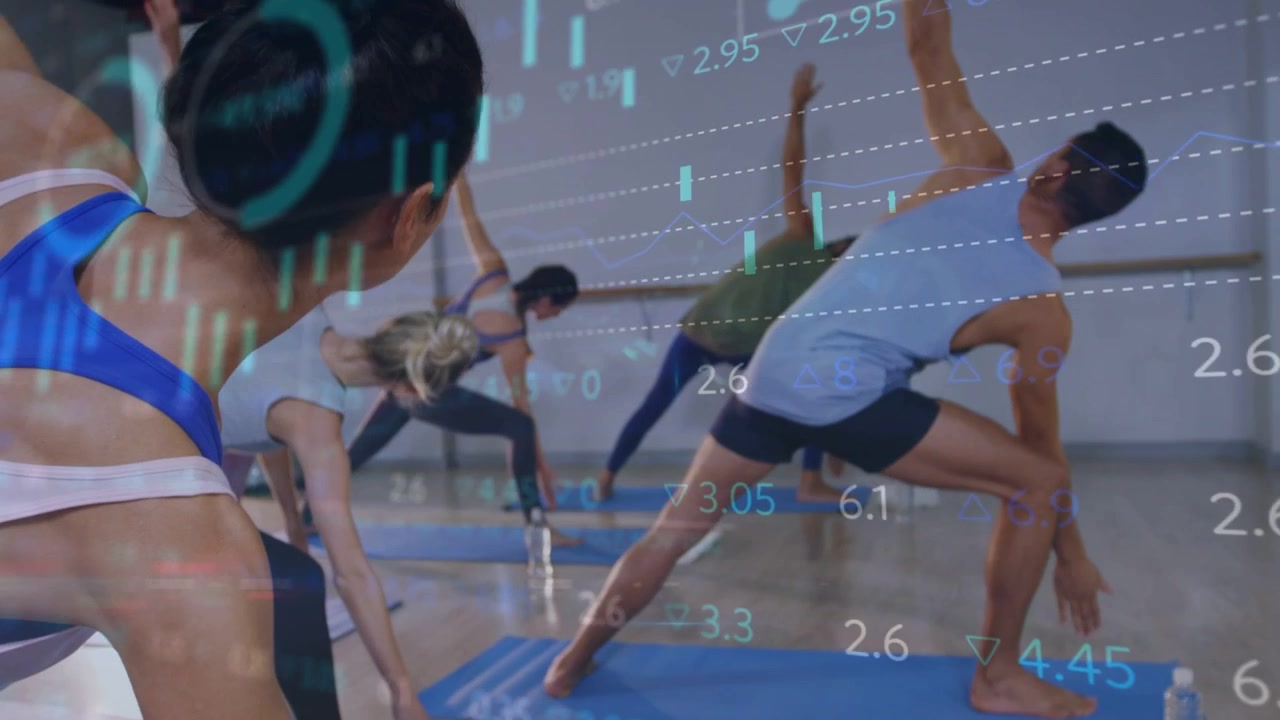 Blue-top coach starting cue leading fitness lunging twisting with market bars drifting over mats
