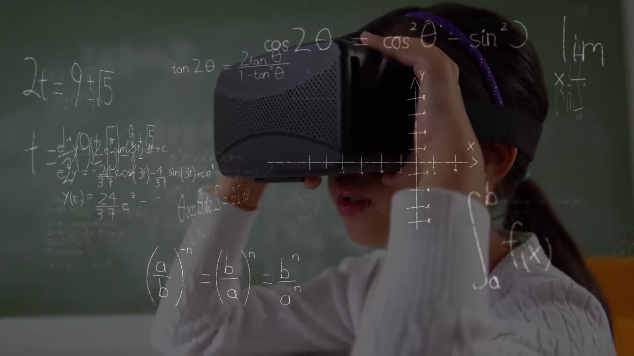 vr 헤드 ⁇ 을 사용하는 여학생에 대한 수학 수식의 애니메이션