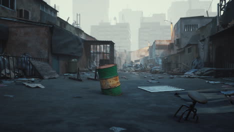 abandoned urban street with a green barrel in a desolate environment