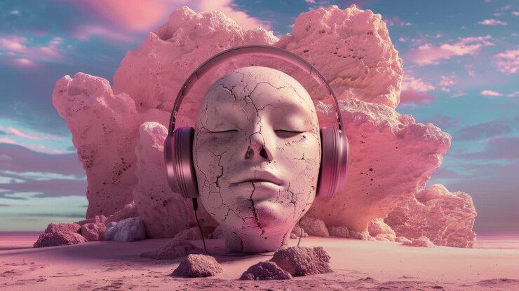 ancient stone heads in dystopian desert setting wearing headphones made with generative art
