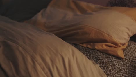 a cozy bedroom with soft comfy brown pillows - close up shot