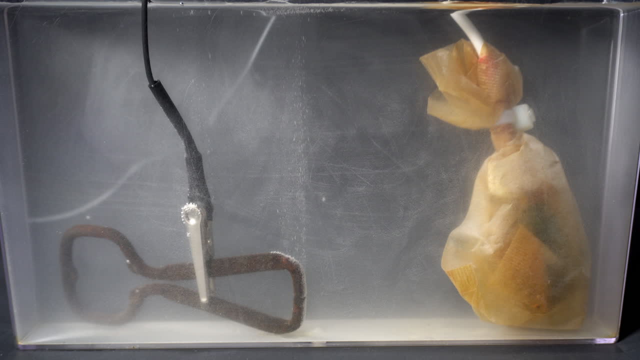 Rusty bottle opener in electrolytic bath to remove rust