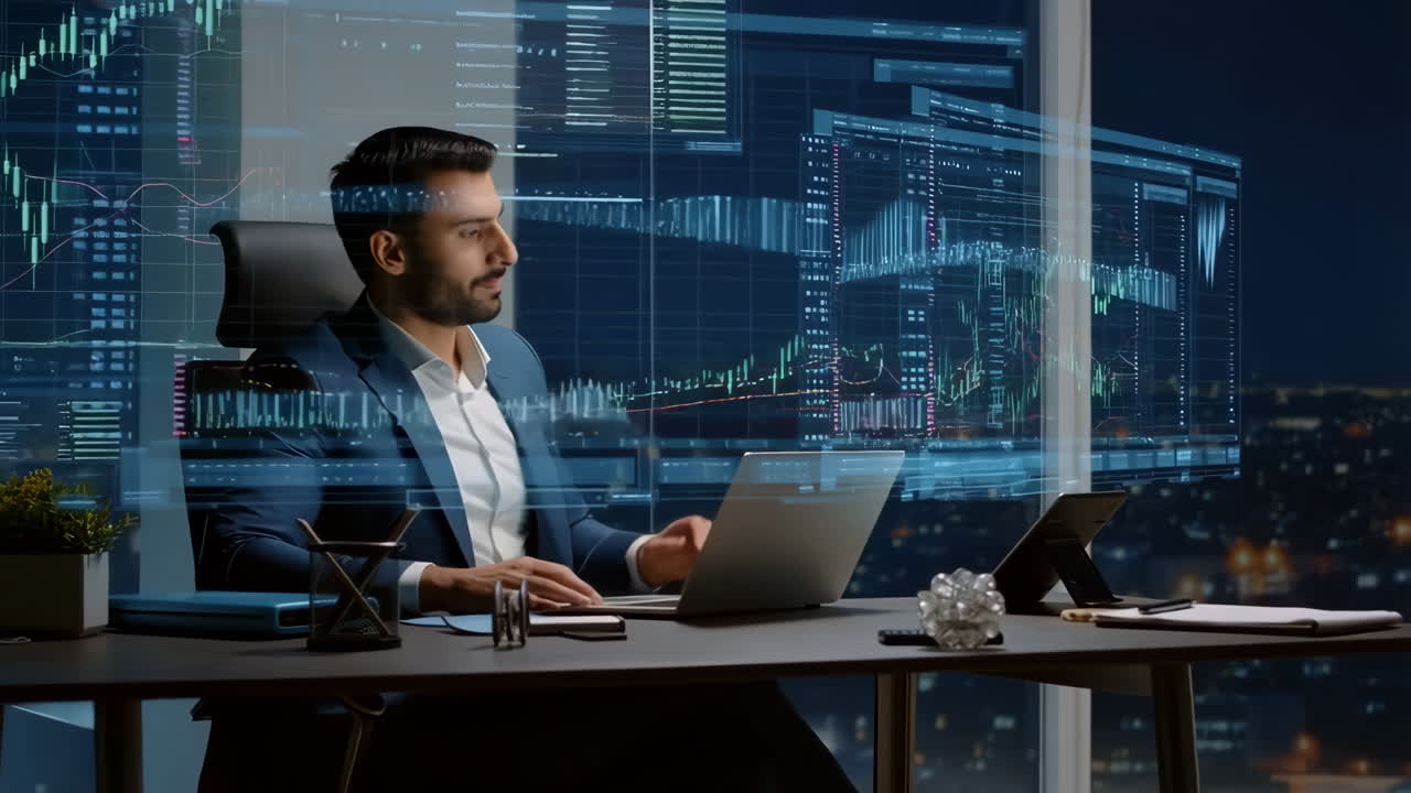 Businessman Analyzing Financial Data with Holographic Interface at Night