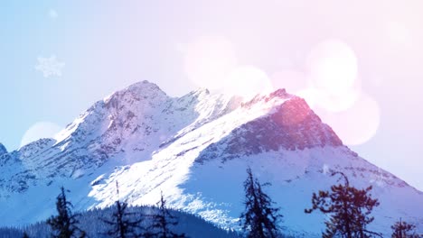 Animation-of-winter-scenery-landscape-with-light-spots-mountains-and-fir-trees-covered-in-snow