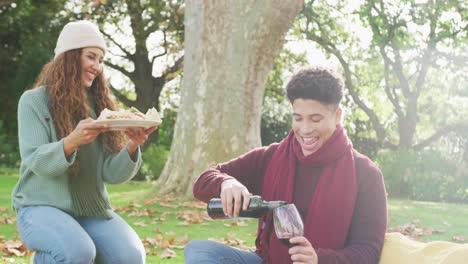 video of biracial couple warmly having a picnic time in the garden