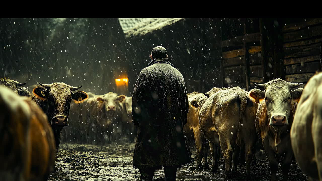 Farmer walks among cows in rain at barn during evening time in rural area