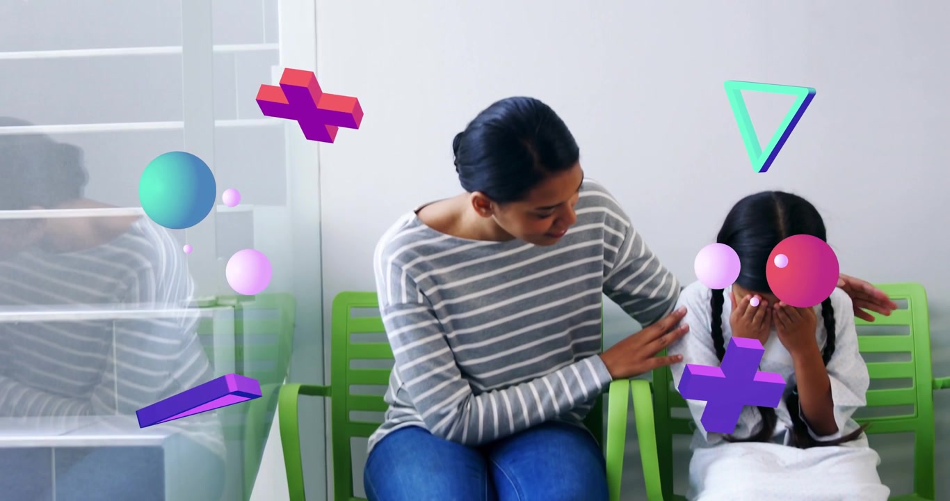 Video verticale: Madre che consola una bambina in clinica dopo che la bambina ha nascosto il viso mentre forme 3D fluttuano sopra la testa