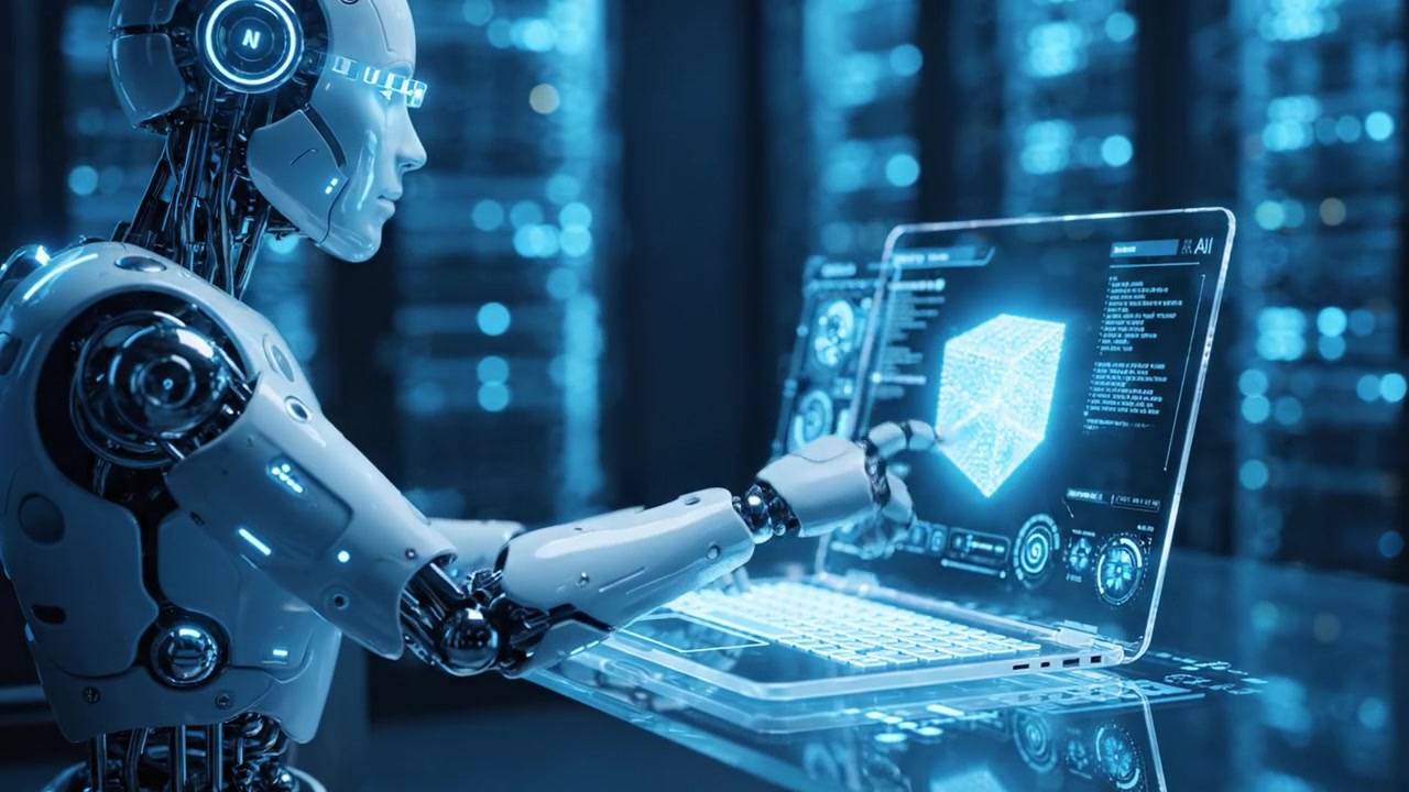Advanced Robot Engaged in Data Analysis, Interfacing with a Futuristic Computer Display Showcasing Complex Algorithms and Digital Information Flow in a High-Tech Environment