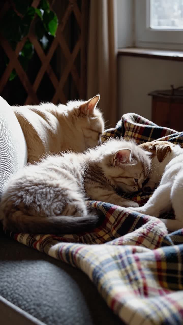Cozy video scene of three cats napping on a plaid blanket, captured from a side angle