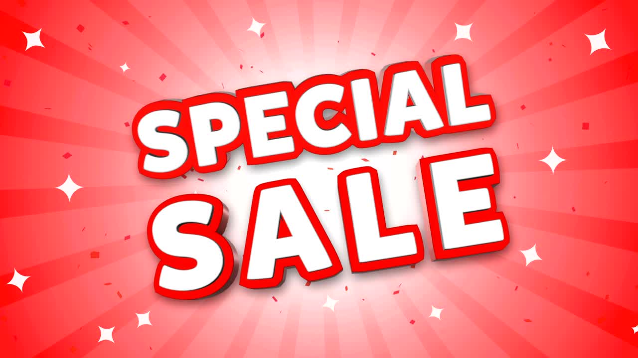 venta especial de texto 3d en el fondo de confeti que cae.