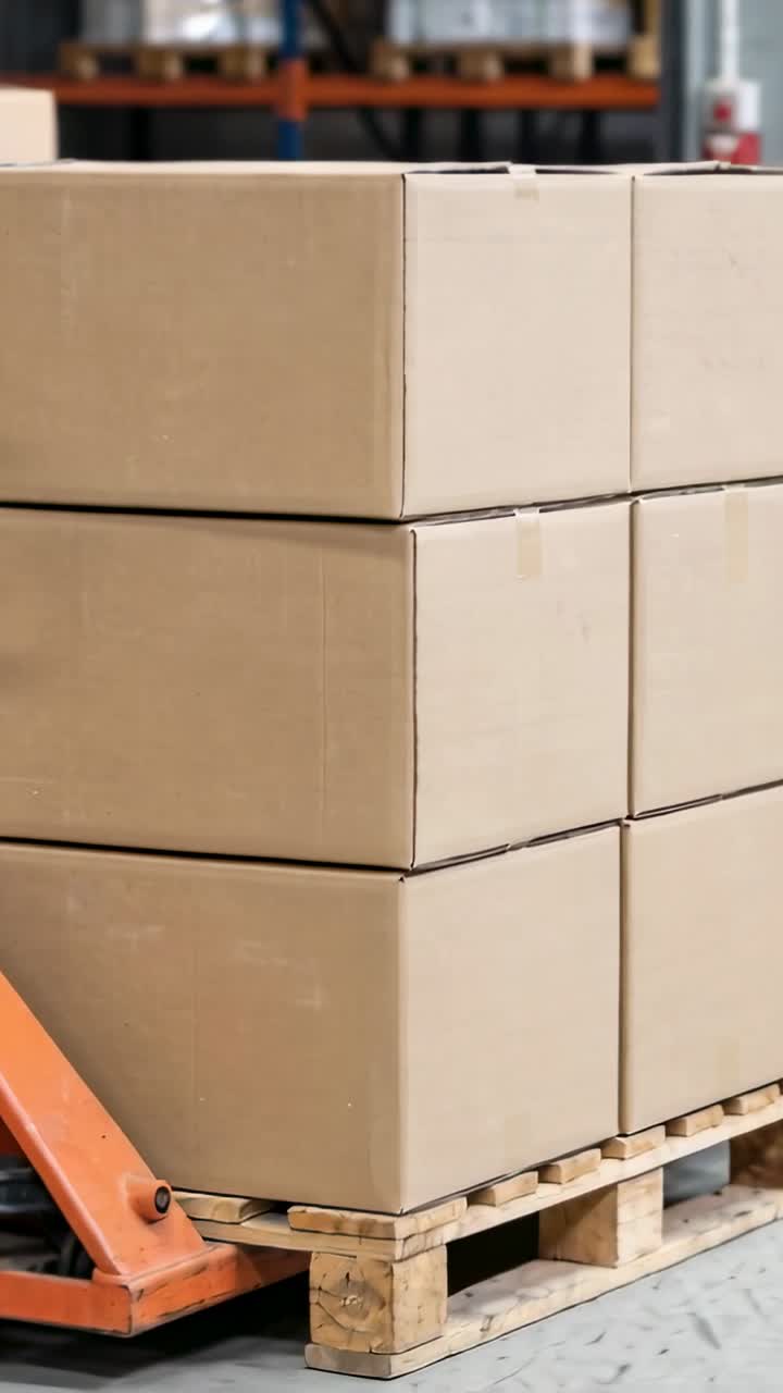 Video vertical: Transpaleta naranja moviéndose bajo un palé de madera, levantando seis cajas en un pasillo de almacén