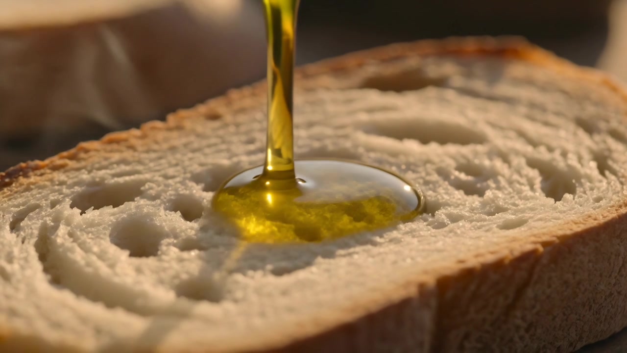 Un getto d'olio dorato che cola inzuppando una singola fetta di pane bianco sul bancone della cucina, con luce calda.