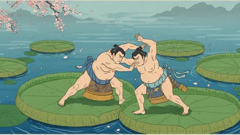 a dynamic illustration of two sumo wrestlers engaged in an epic match on floating lilypads amidst a serene cherry blossom landscape