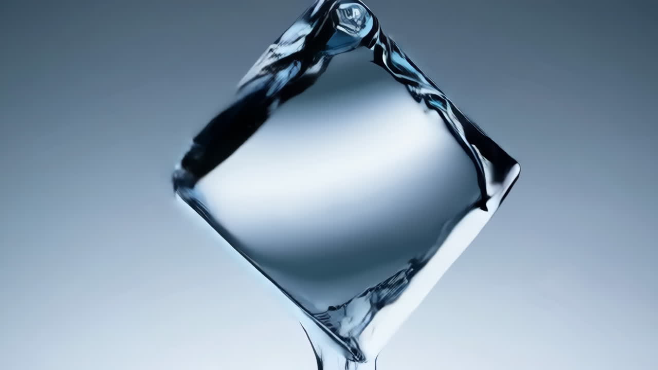 Close-up of a clear ice cube with water dripping against a blue background