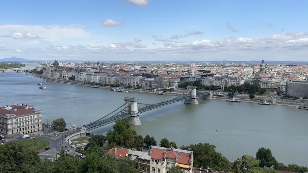 Panoramic View of Budapest Cityscape with Danube River, Chain Bridge, and Parliament