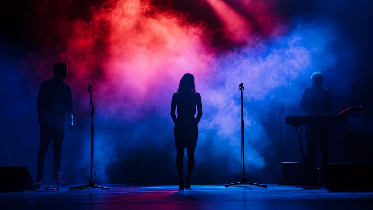 Band Performance on Stage with Colorful Lights and Smoke