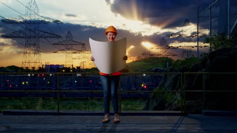 cuerpo lleno de ingeniera femenina asiática con casco de seguridad mirando el plano en sus manos mientras estaba de pie cerca de la torre de alto voltaje