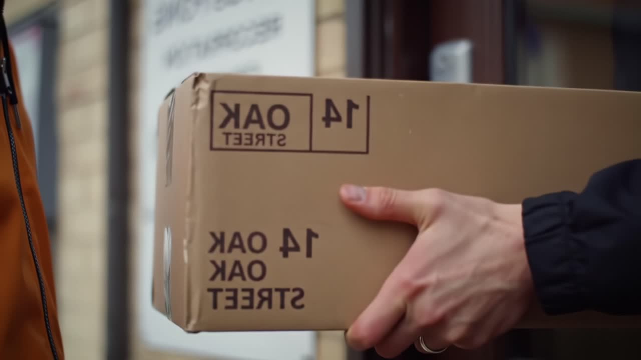 A Package Delivery at a Service Center: Transitioning from Arrival to Handing Over, Capturing the Process of Receiving and Signing for a Box