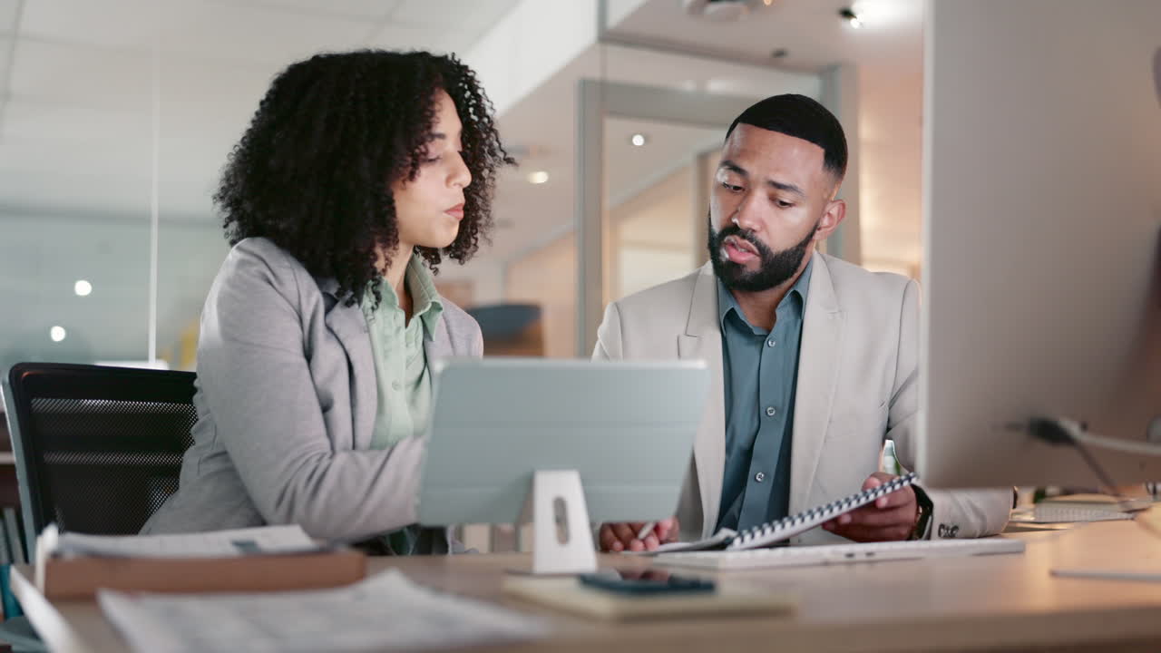 Business people, teamwork and tablet