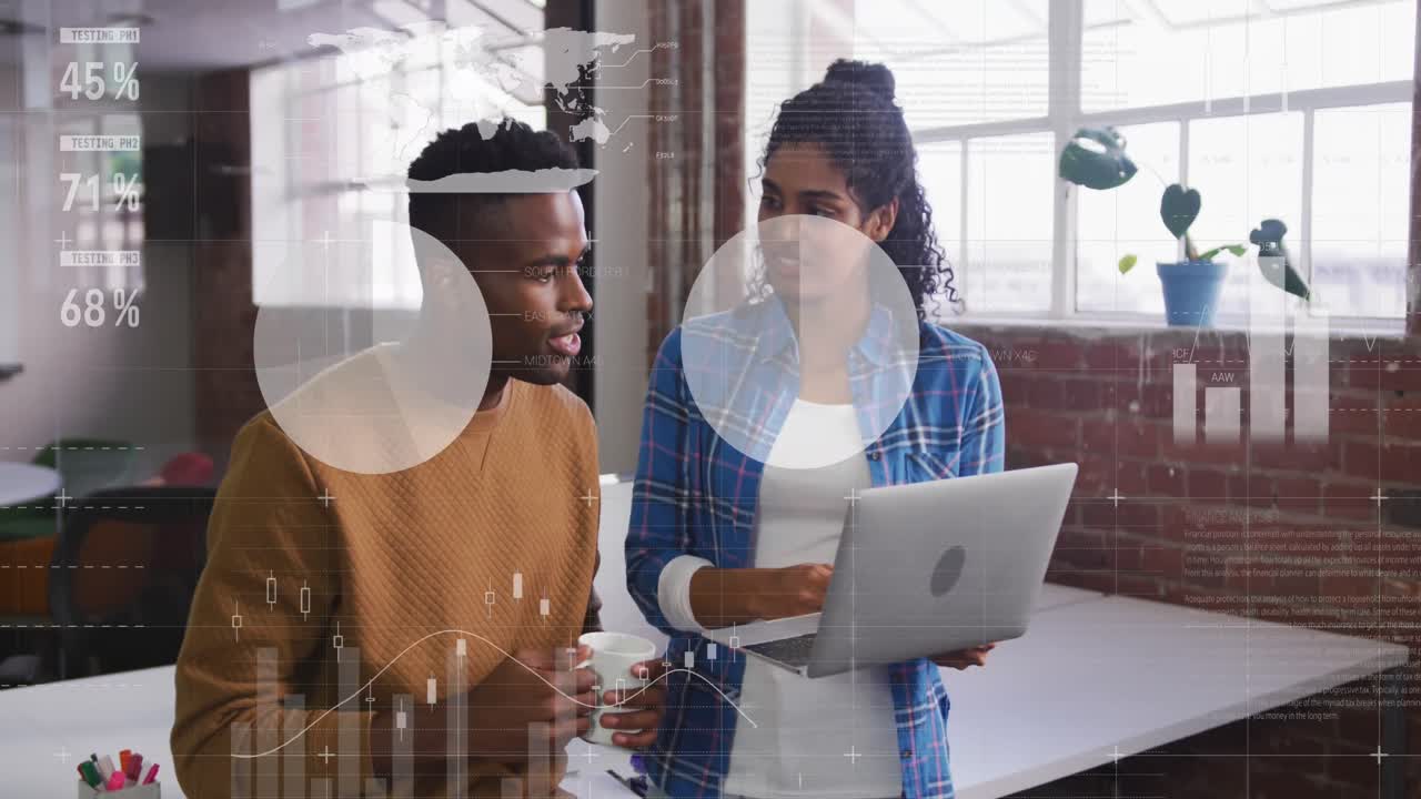 Animation of statistical data processing over diverse man and woman discussing over laptop at office